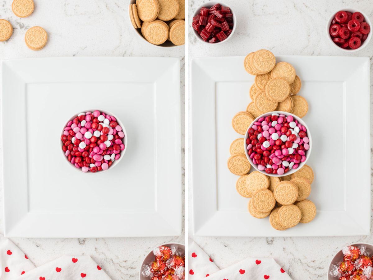 step by step pictures showing how to make a desert board for valentines' day. 