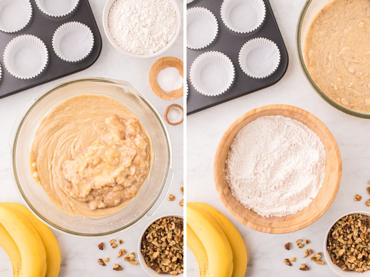 Step by step process photos showing how to make these banana muffins. 
