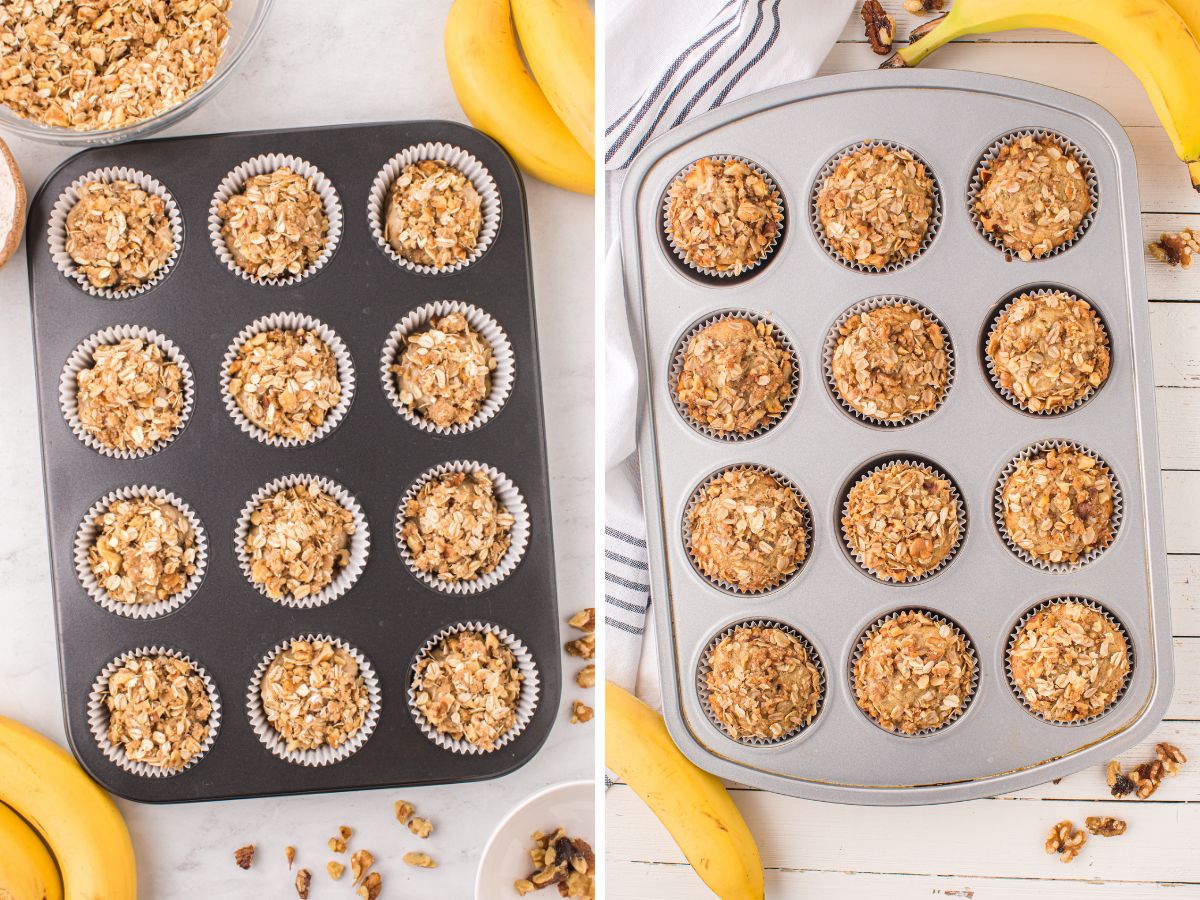 Step by step process photos showing how to make these banana muffins. 