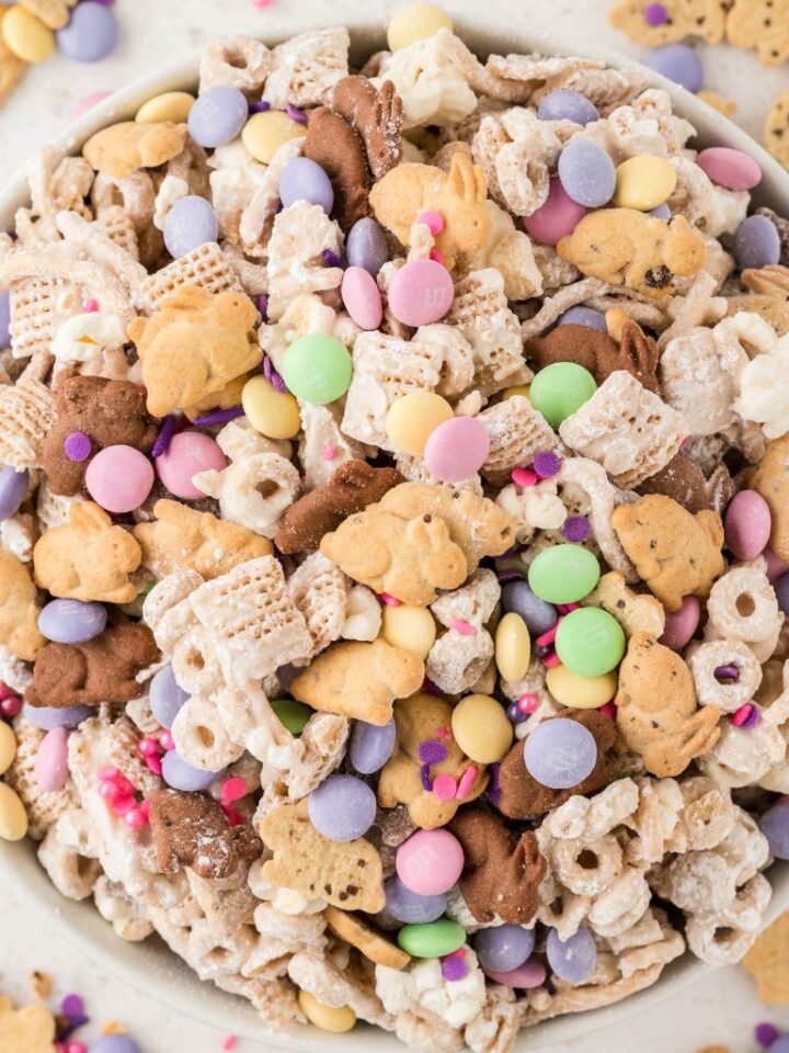 Overhead picture of a bowl of snack mix for easter.