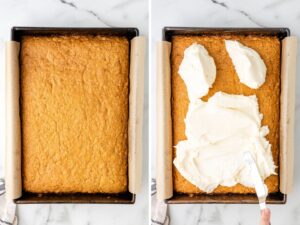 Step by step process photos for how to make carrot cake bars topped with cream cheese frosting.
