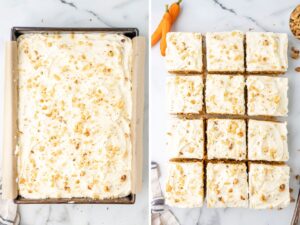 Step by step process photos for how to make carrot cake bars topped with cream cheese frosting.