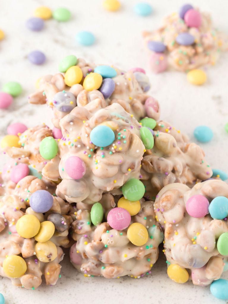 Stacks of this recipe with pastel candies in the background. 