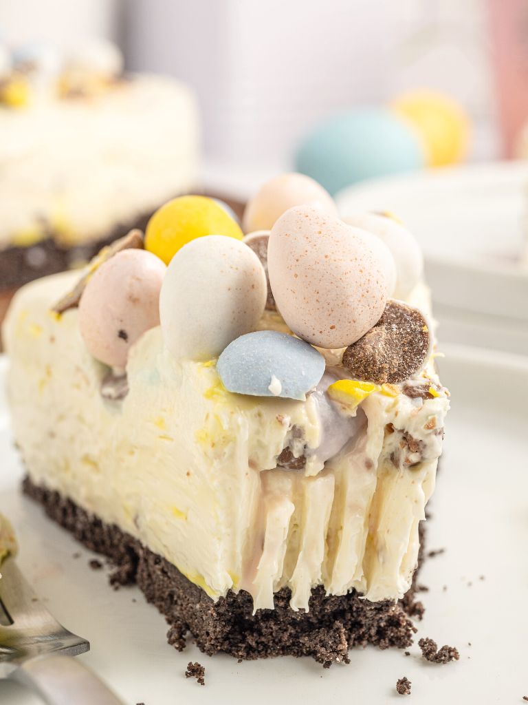 Front view of a serving of cheesecake for easter