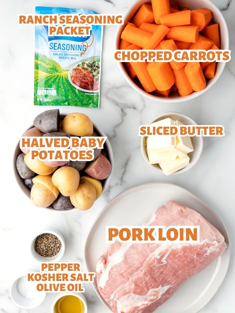 Labeled ingredients for this pork loin recipe on a white background.