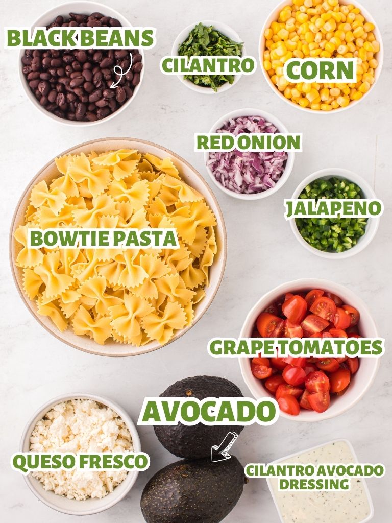 Labeled ingredients for this cold pasta salad