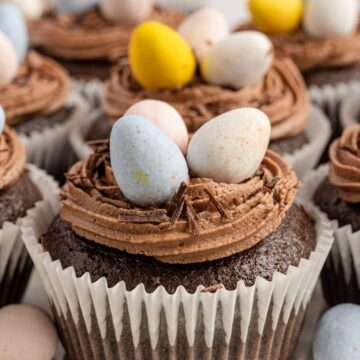 A chocolate cupcake up close with chocolate eggs on top.