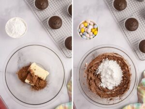 Process photos showing how to make this recipe cupcakes for easter.