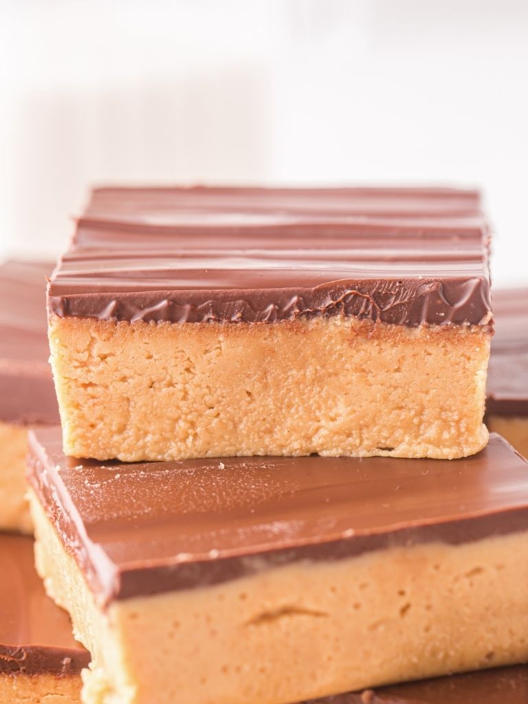 One bar on top of another with peanut butter and chocolate.