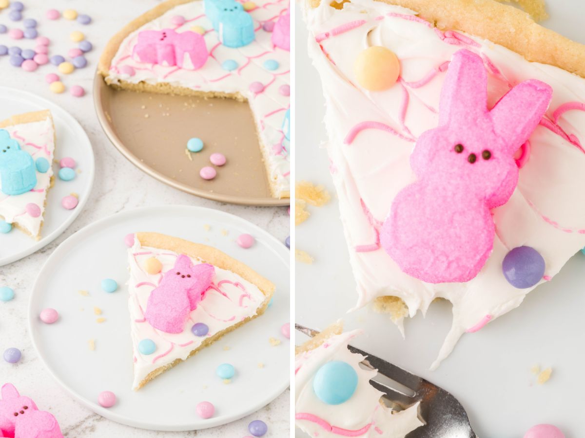 Process photos showing how to make this easter peeps cookie pizza. 