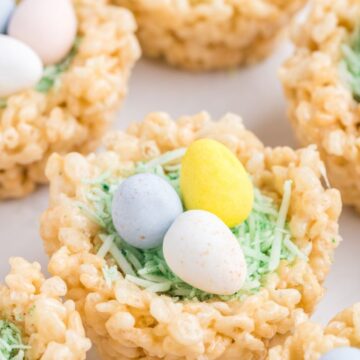 Egg nests for easter made with Rice Krispie Treats and candy eggs.