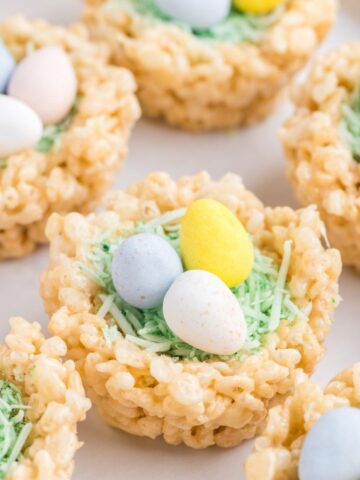 Egg nests for easter made with Rice Krispie Treats and candy eggs.