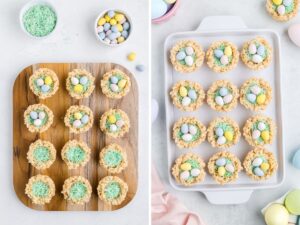 Step by step picture directions for how to make this easter egg nests recipe.
