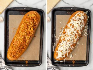 How to make this recipe for stuffed garlic bread with process photos.