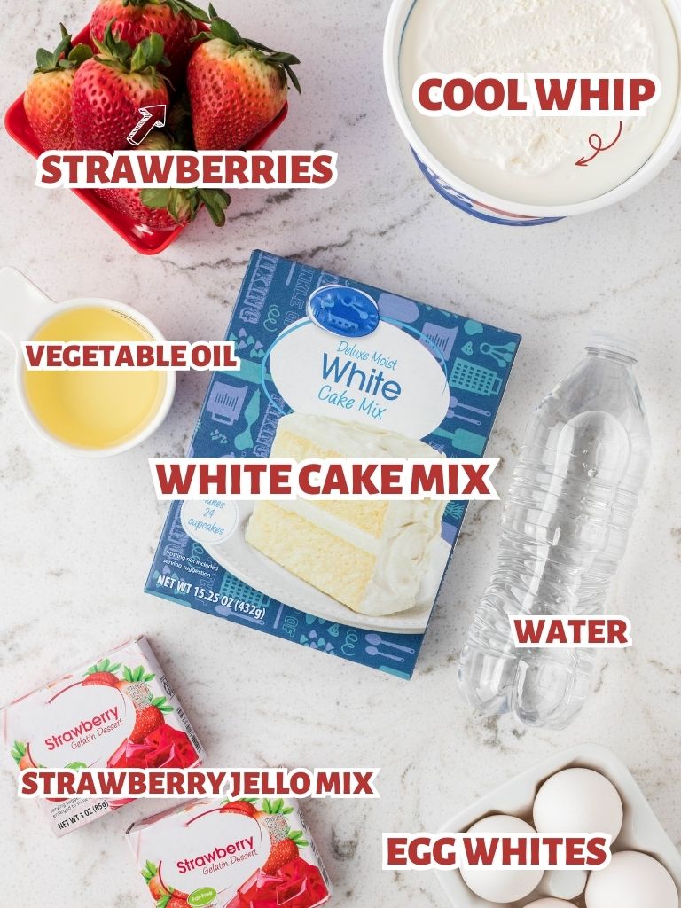 Labeled ingredients for this white cake recipe with strawberries. 