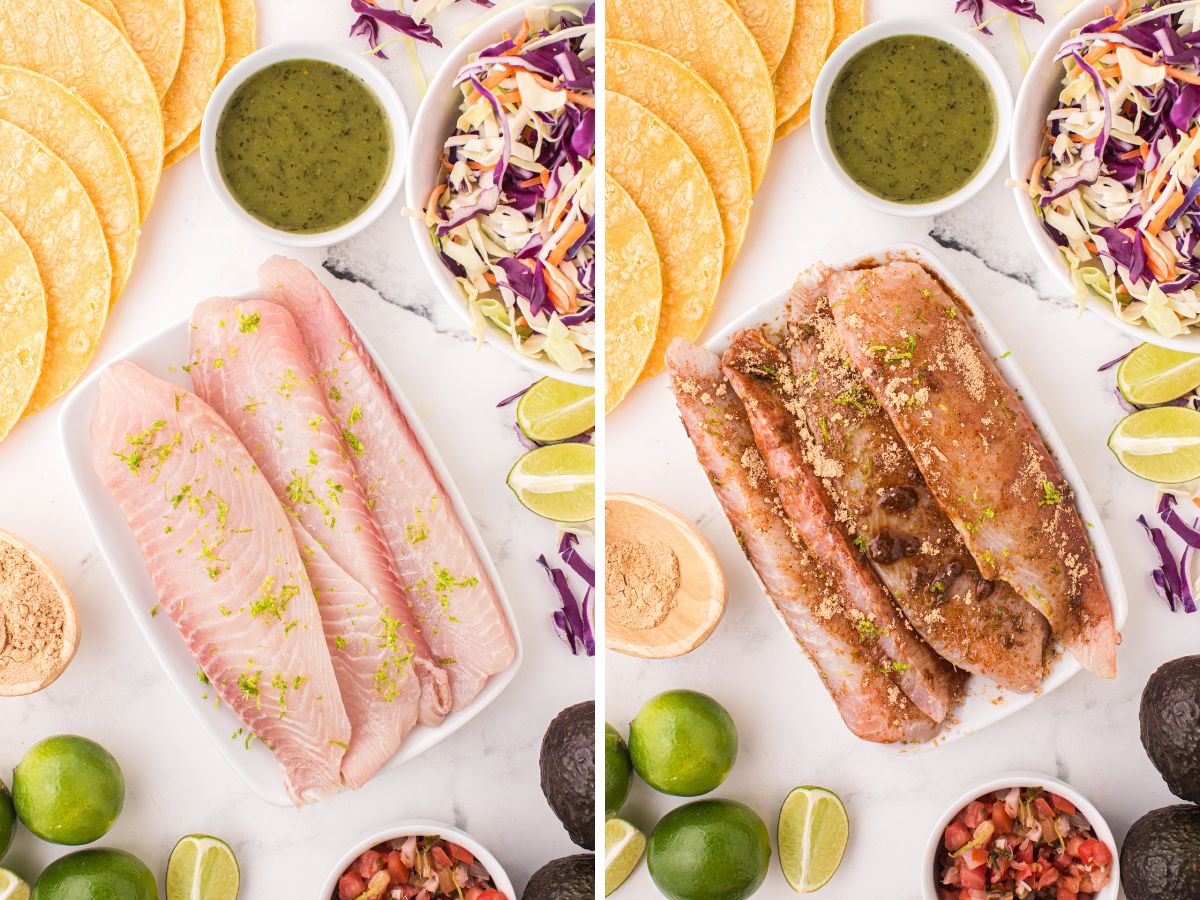 Process photos showing how to make this recipe for tacos with white fish. 