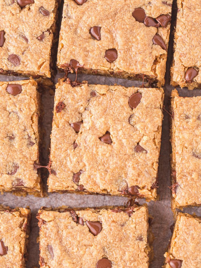 Overhead shot of these cookie bars with chocolate chips and oatmeal. 