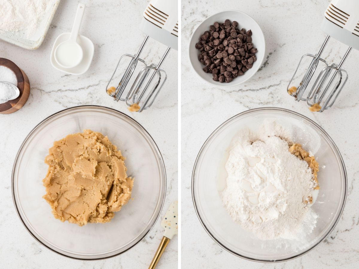 Process photos showing how to make this edible cookie dough recipe with no eggs and heat treated flour. 