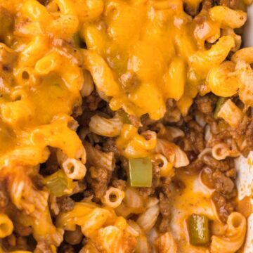 Overhead shot of the casserole with cheese on top