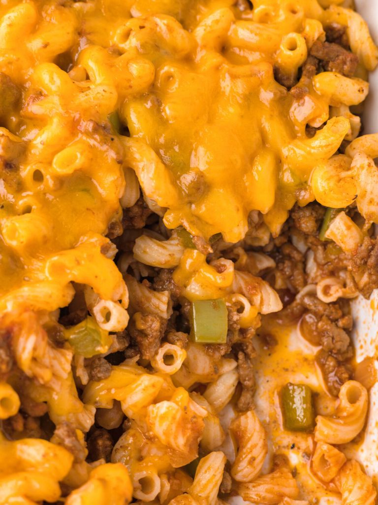 Overhead shot of the casserole with cheese on top