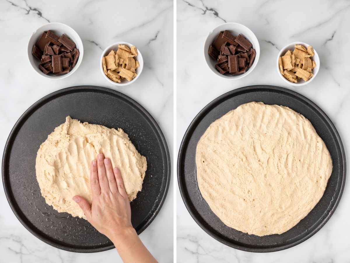 Step by step process photos showing how to make this dessert pizza. 