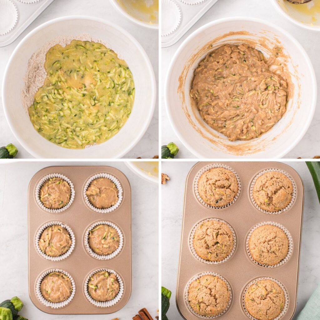 Ingredients inside a bowl and a muffin pan filled with batter. 