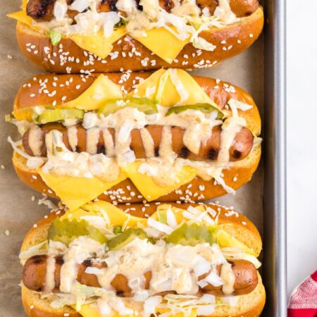 Hot dogs on a baking sheet.