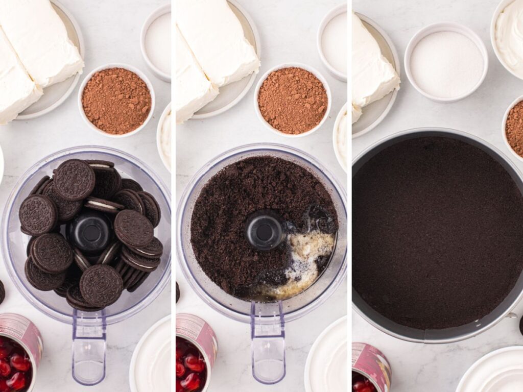 Process photos for how to make this no bake cheesecake dessert. 