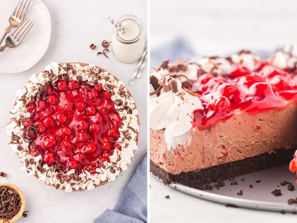 Process photos for how to make this no bake cheesecake dessert.