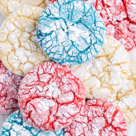 Stack of cookies for a patriotic holiday with red, white, and blue.