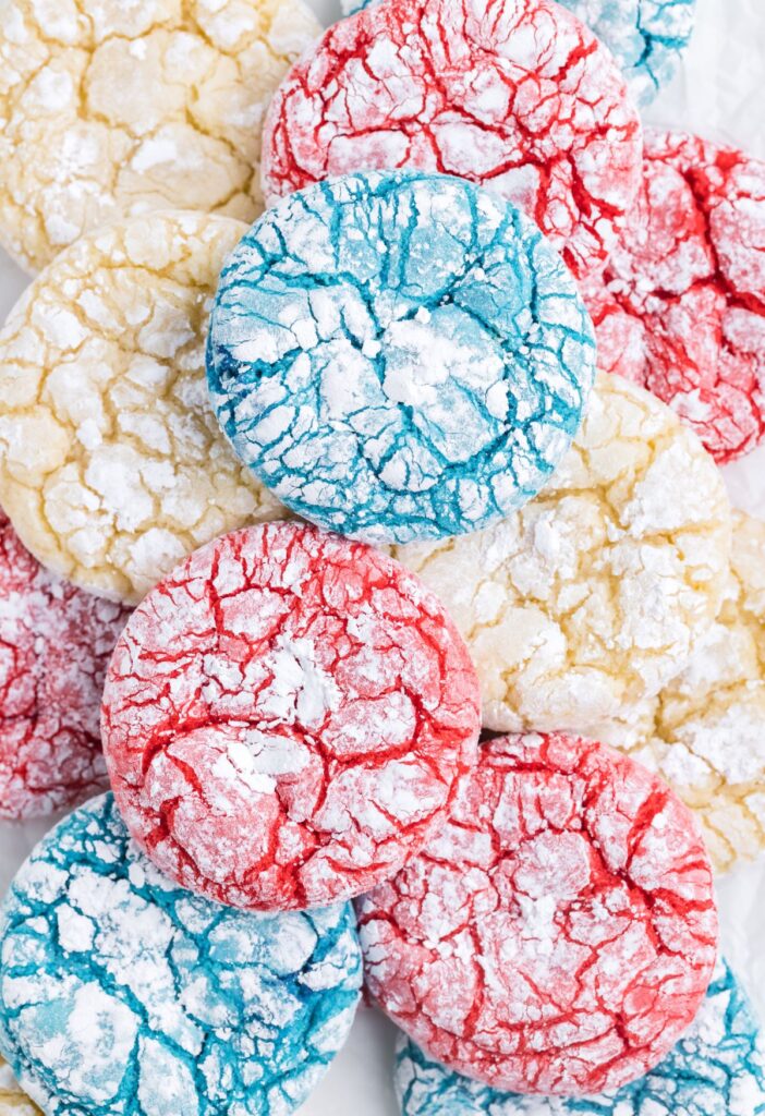 Stack of cookies for a patriotic holiday with red, white, and blue. 
