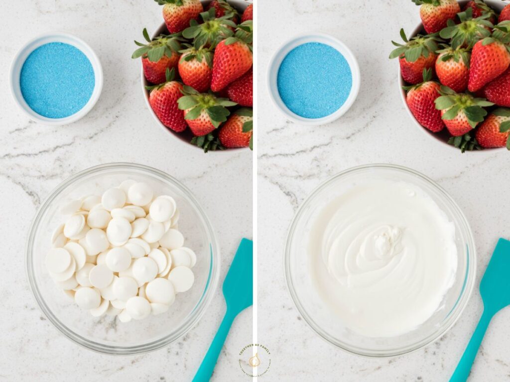 Process photos showing how to make these 4th of July strawberries. 