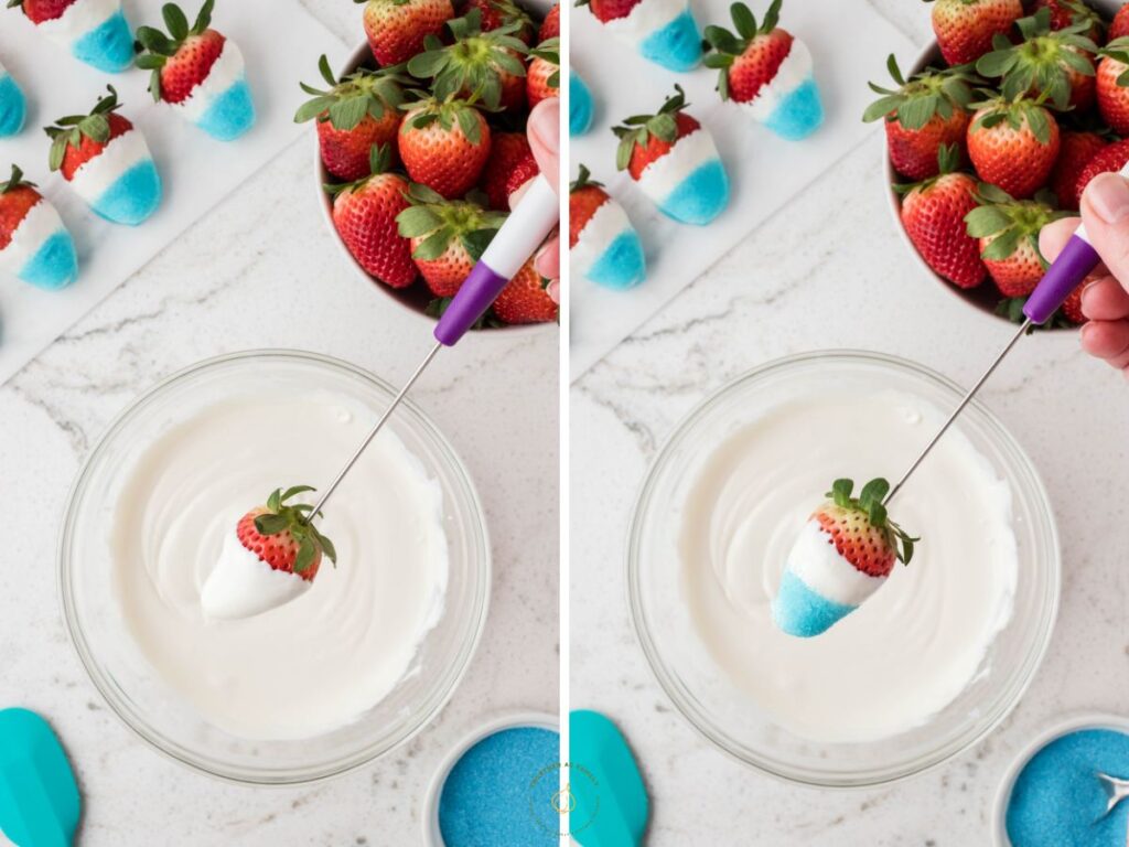 Process photos showing how to make these 4th of July strawberries.