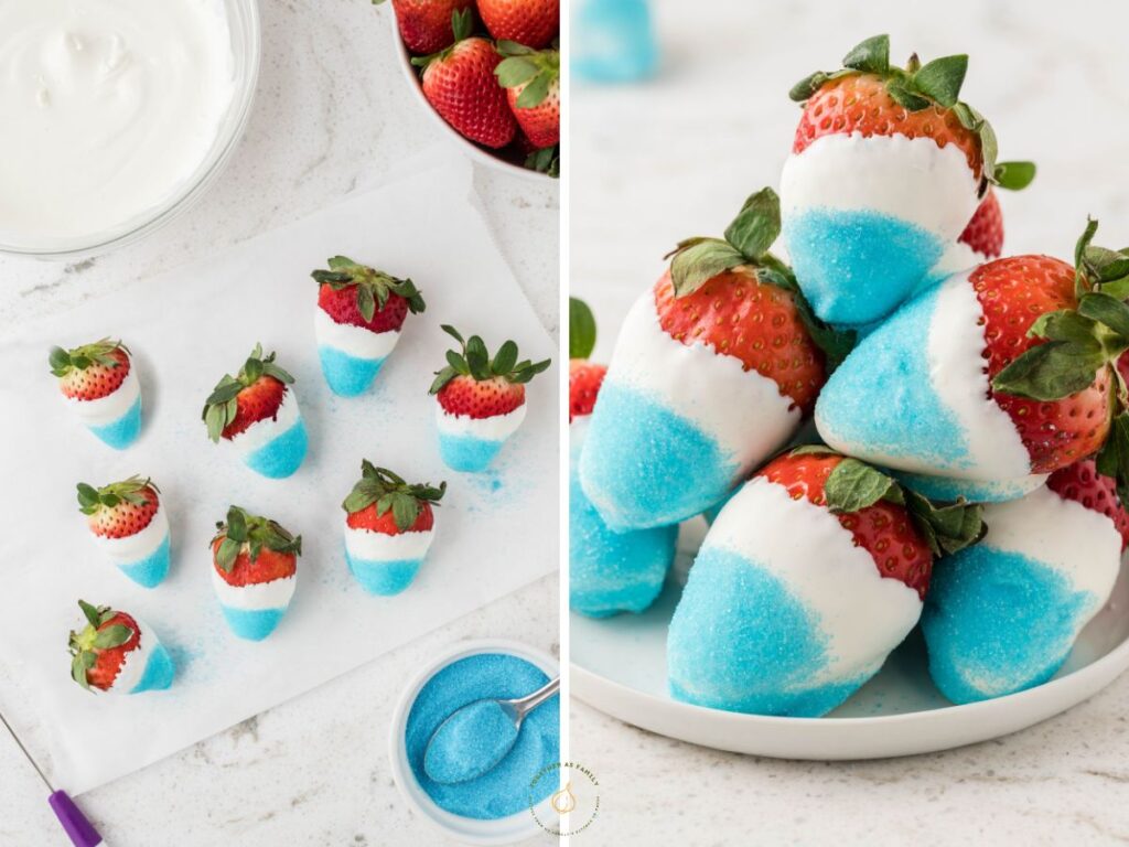 Process photos showing how to make these 4th of July strawberries.