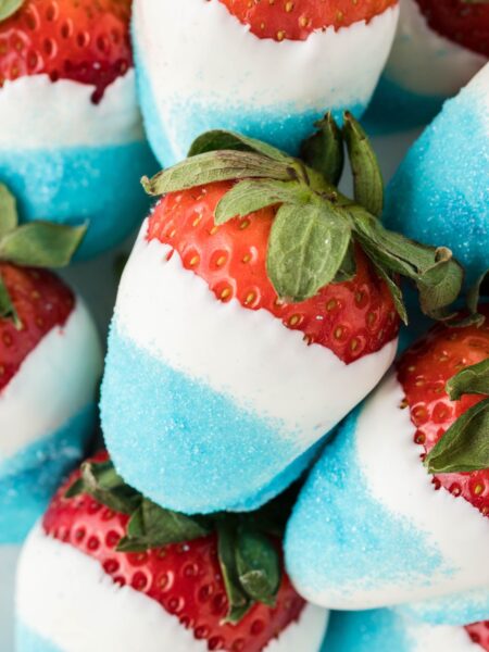 Pile of strawberries dipped in white chocolate.