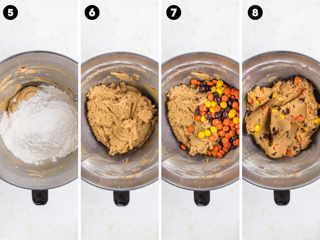 Process photos for how to make this peanut butter cookie recipe with Reeses pieces candies.