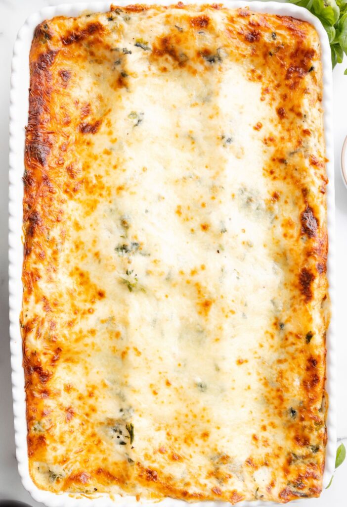 A pan of lasagna in an overhead shot. 
