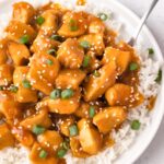 overhead shot of a plate of this dinner recipe with a fork.