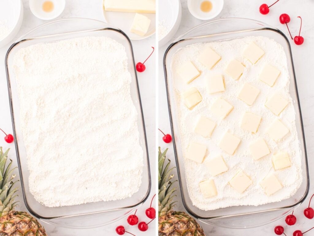 Step by step process photos for how to make this easy dump cake.