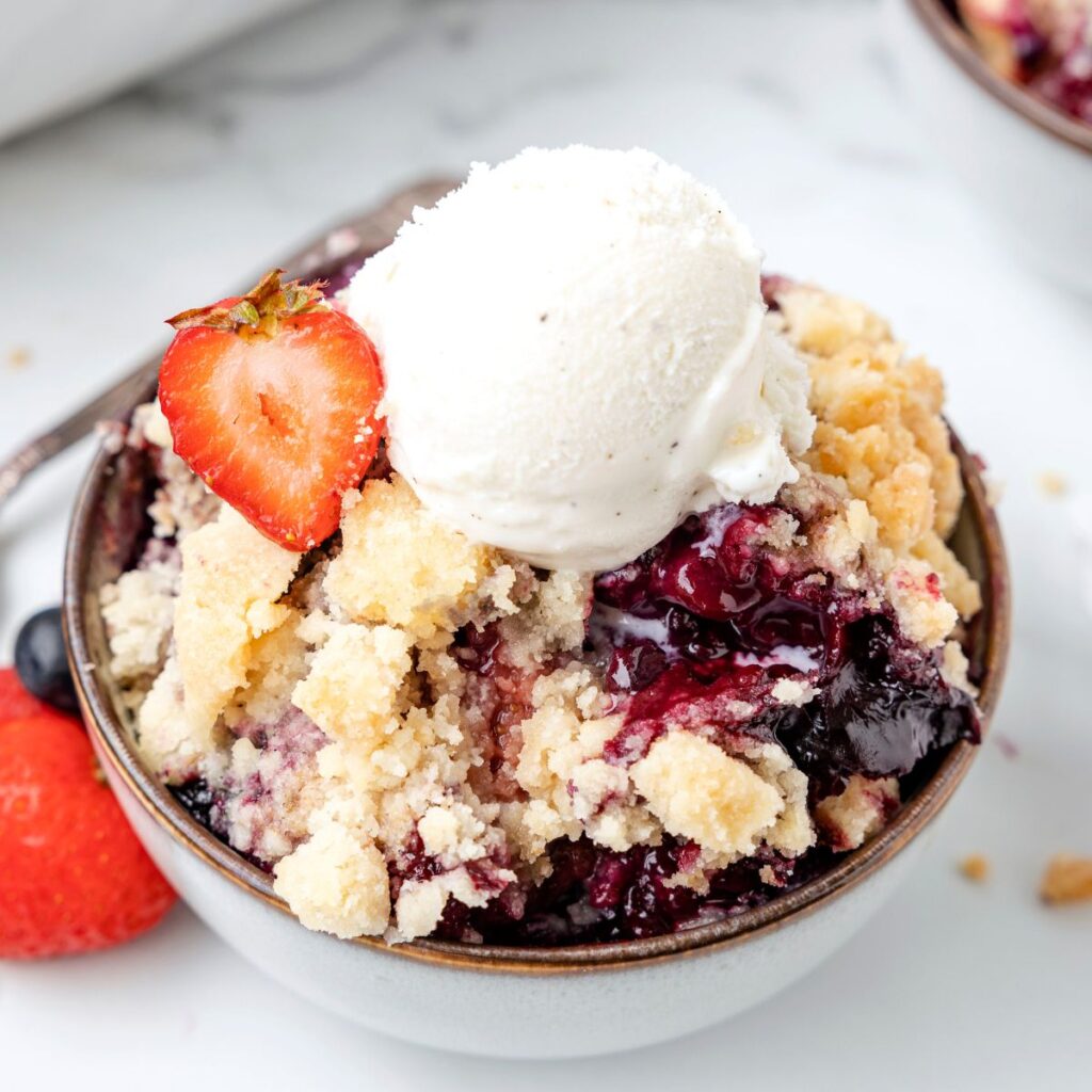 Serving of berry cobbler in a bowl