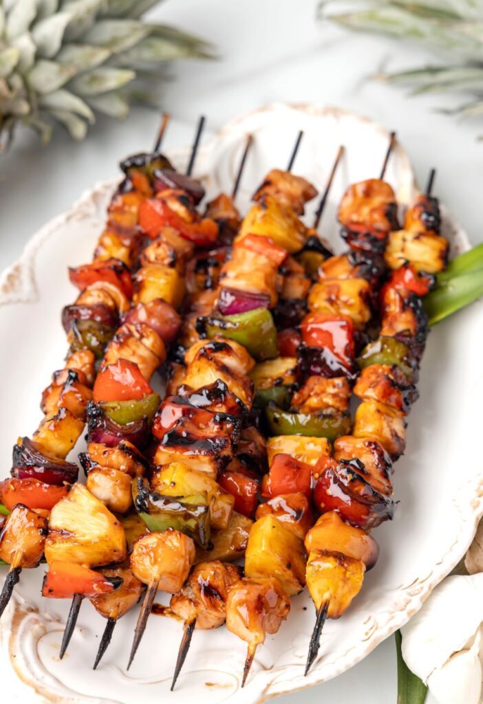 Serving platter of cooked kabobs