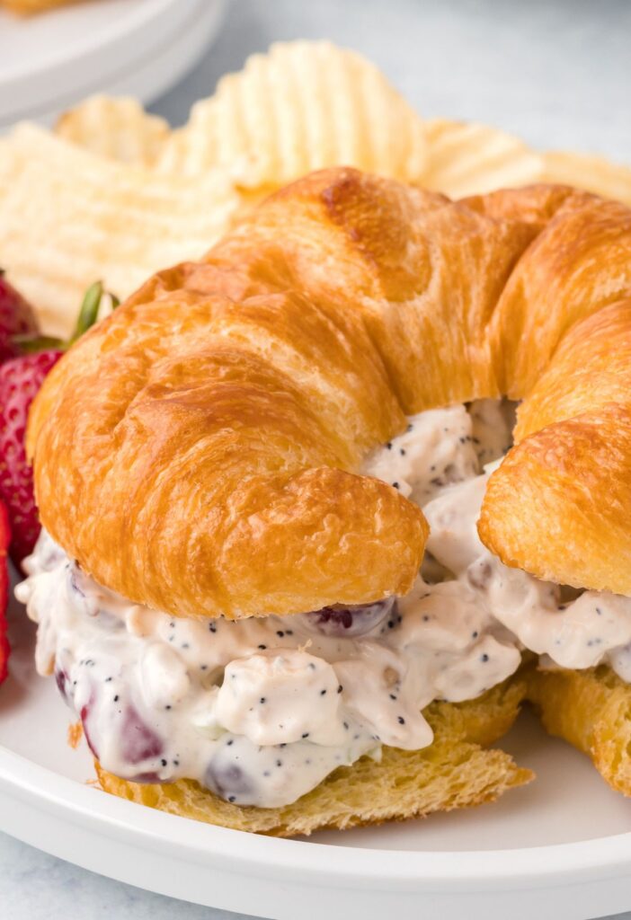 Close up of a croissant with chicken salad inside of it. 