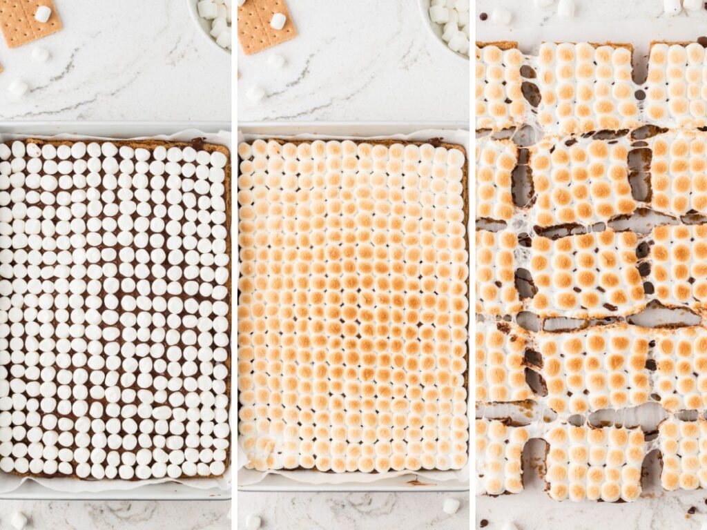 Process photos showing how to make these s'mores bars in a 9x13 pan.