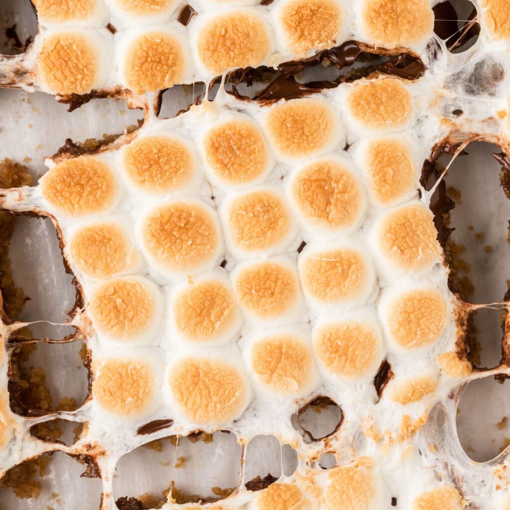Close up of a slice of these bars with gooey marshmallow.