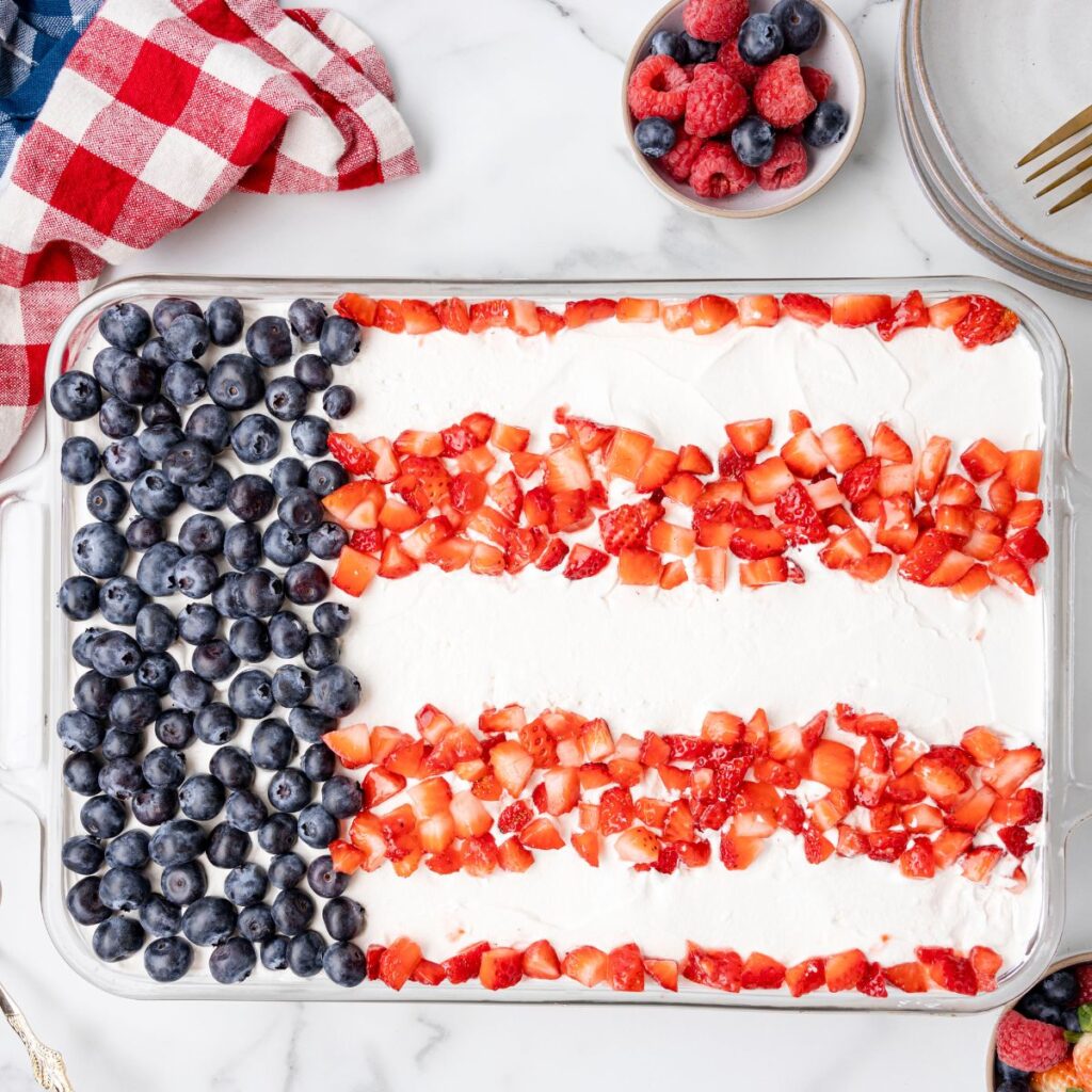 Overhead shot of the whole icebox cake that looks like the flag on top of it. 
