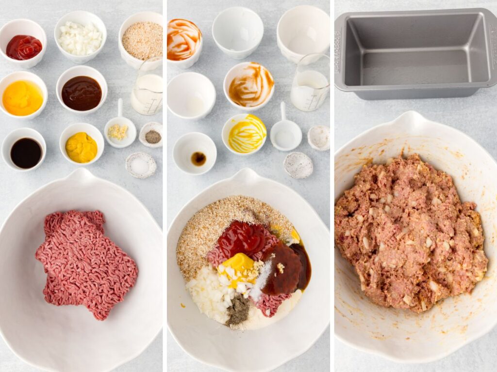 Process photos showing how to make this meatloaf recipe with ground beef and bbq sauce. 