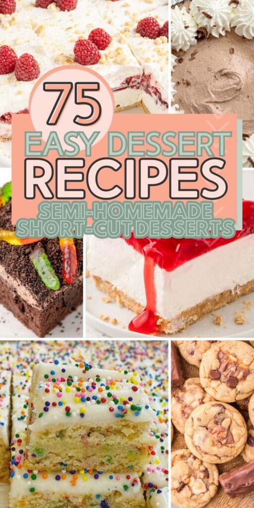 A collage of pictures of desserts with a text box in the center. 