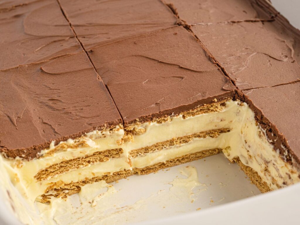 How to make a no bake eclair cake with chocolate ganache topping.