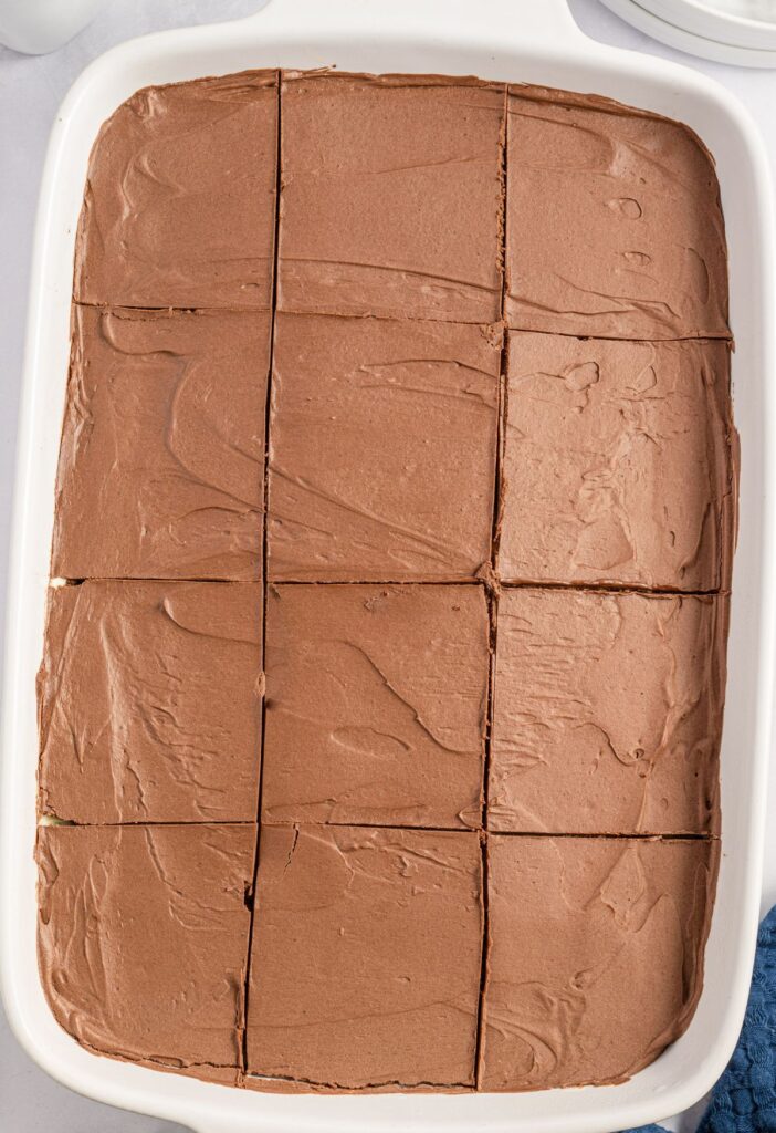 overhead view of the chocolate topping cut into slices for serving. 