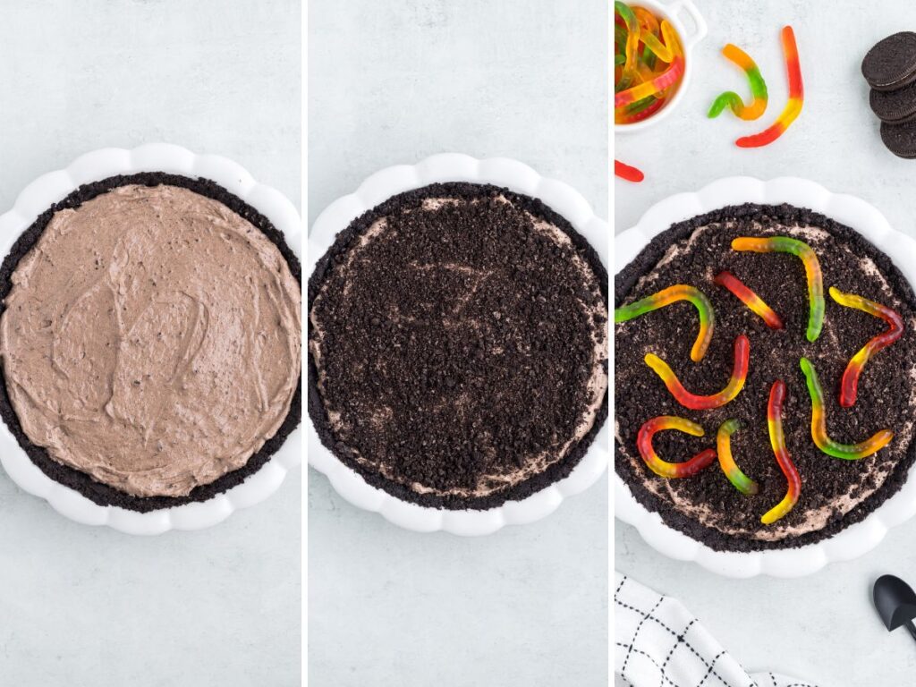 Process photos showing how to make this no bake dirt pie.